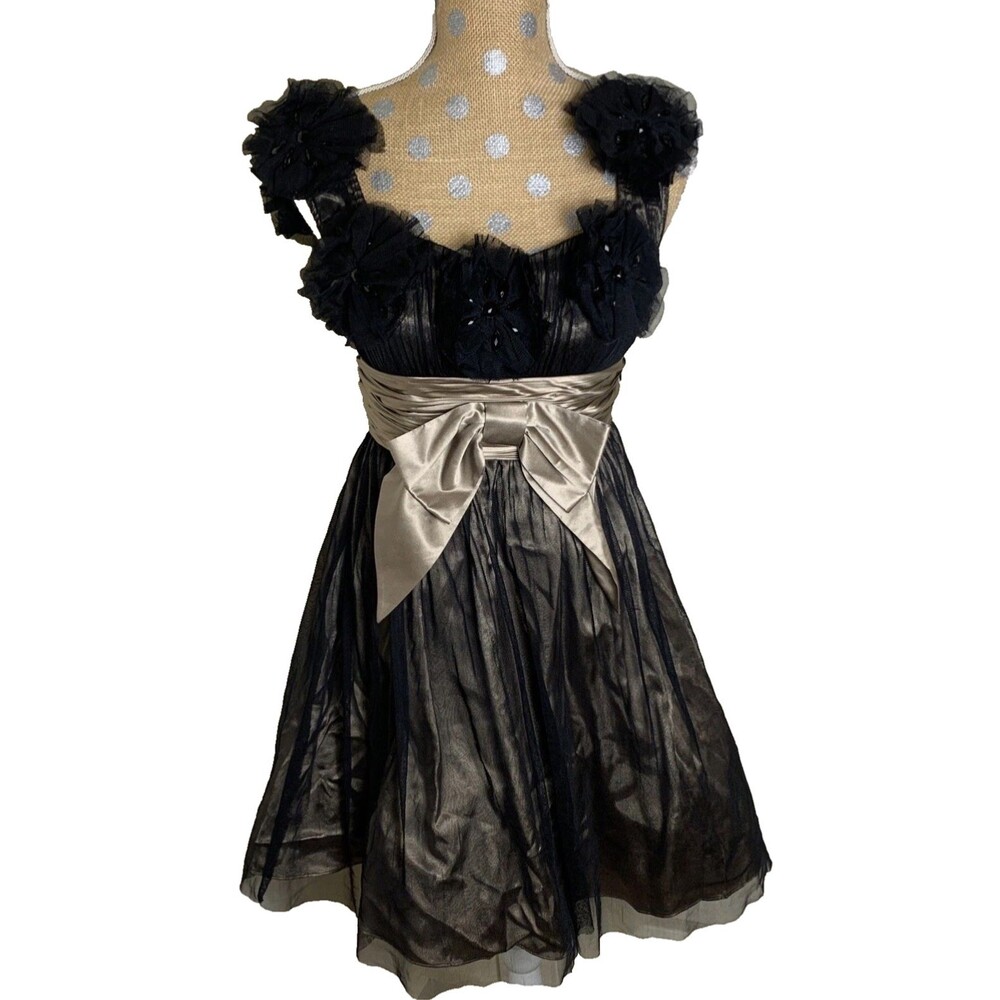 VTG Y2K Betsey Johnson Black Dress Rosette Tulle  Party Event Whimsigoth Dark